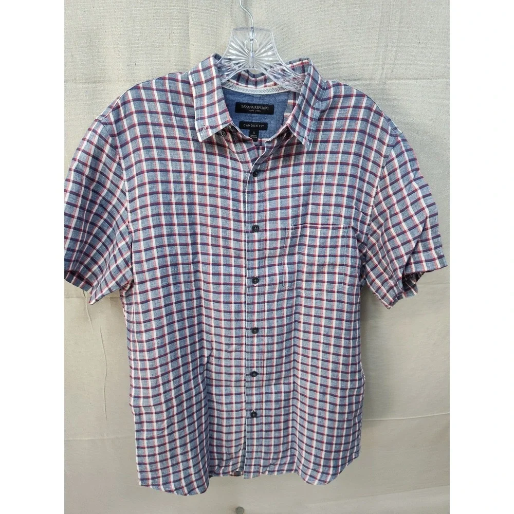 Banana Republic Camden‎ Fit Mens S 100% Linen Short Sleeve Plaid Shirt Red Blue
